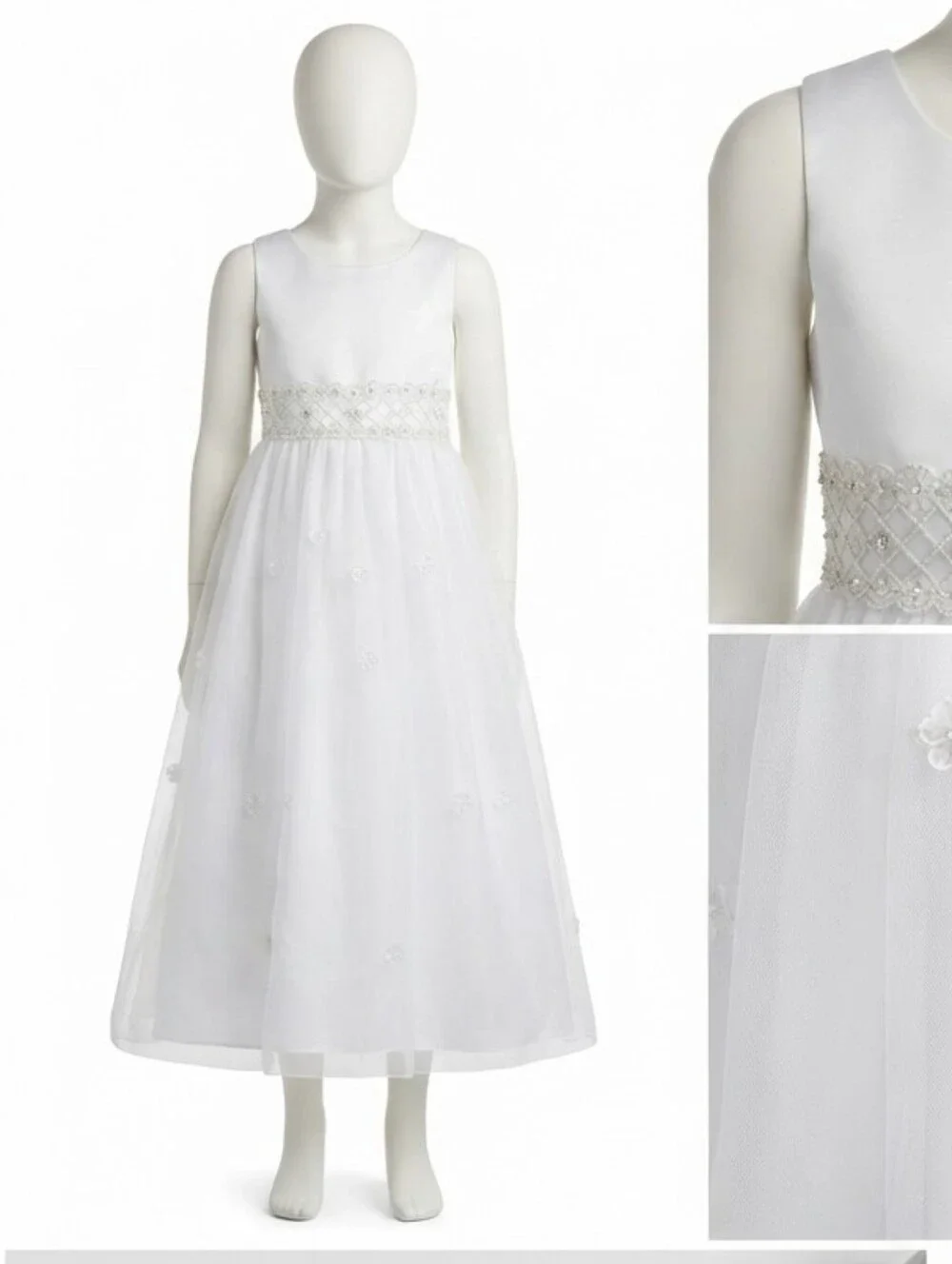 American Princess White Flower Girl Dress with Beaded Waist